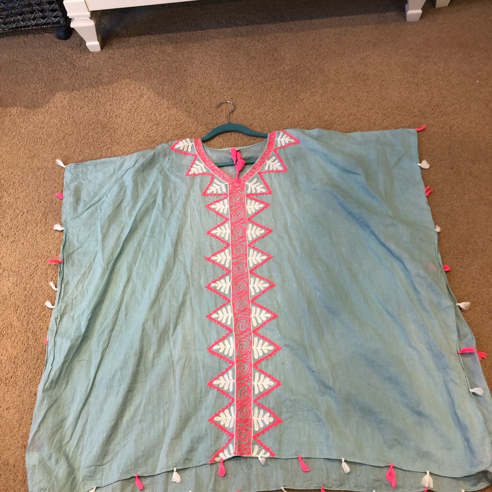 Katydid cover up cotton swim tunic tassel embroidery turquoise pink oversize new